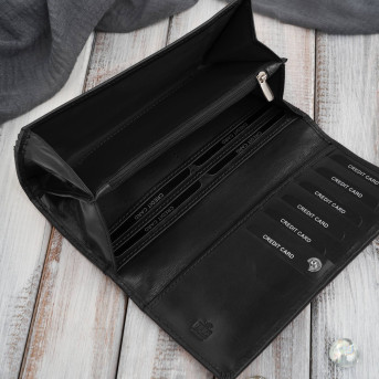 Portfel damski skórzany z tłoczeniem w kwiaty czarny z ochroną RFID Paolo Peruzzi AL-12-BL