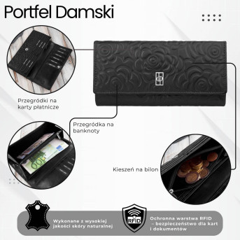 Portfel damski skórzany z tłoczeniem w kwiaty czarny z ochroną RFID Paolo Peruzzi AL-12-BL