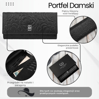 Portfel damski skórzany z tłoczeniem w kwiaty czarny z ochroną RFID Paolo Peruzzi AL-12-BL