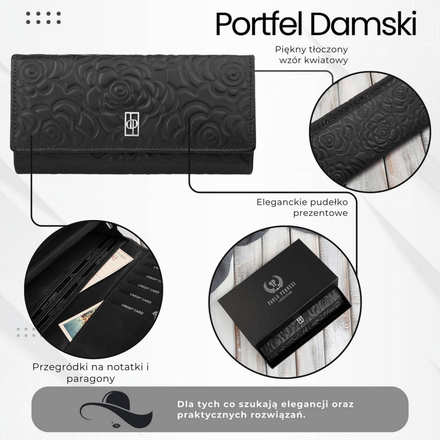 Portfel damski skórzany z tłoczeniem w kwiaty czarny z ochroną RFID Paolo Peruzzi AL-12-BL