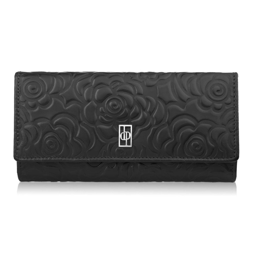 Portfel damski skórzany z tłoczeniem w kwiaty czarny z ochroną RFID Paolo Peruzzi AL-12-BL