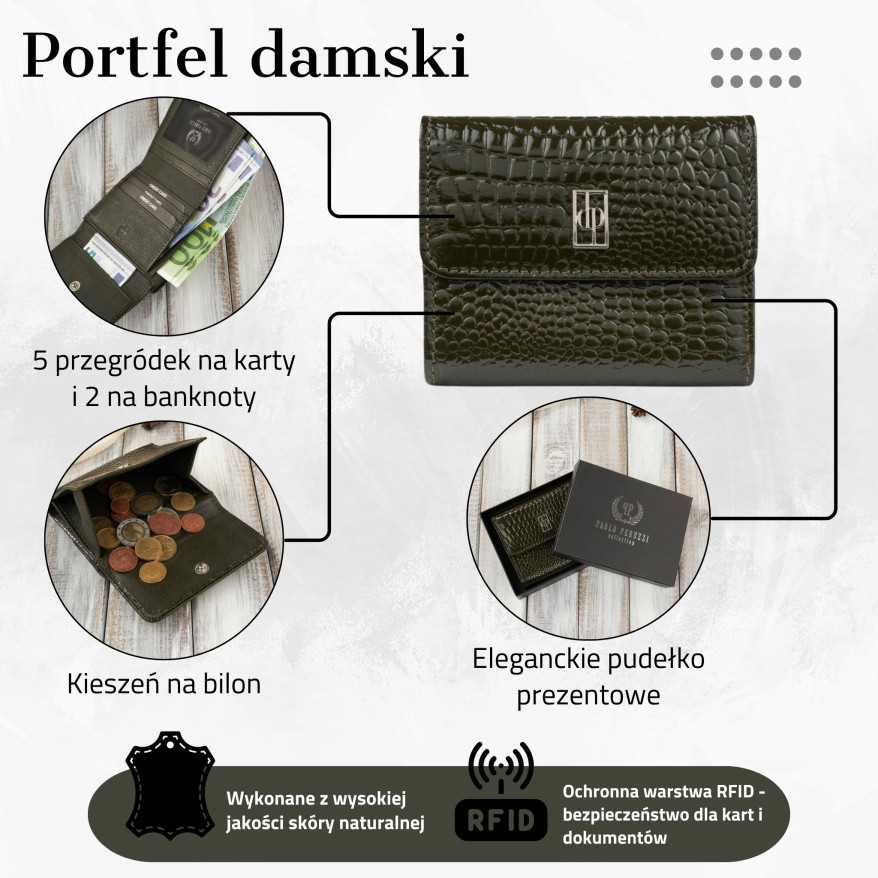 Portfel damski skórzany mały ciemnozielony croco z ochroną RFID Paolo Peruzzi AL-03-GB