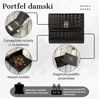 Portfel damski skórzany mały croco czarny z ochroną RFID Paolo Peruzzi AL-03-BL