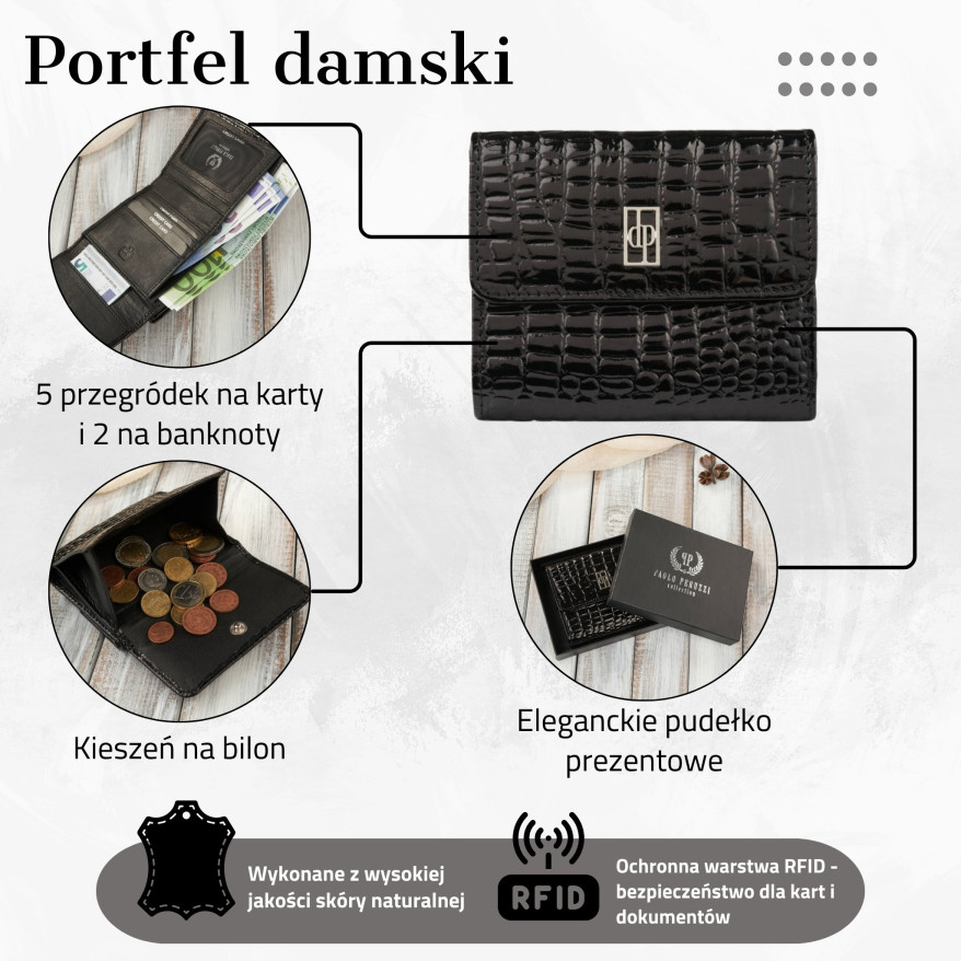 Portfel damski skórzany mały croco czarny z ochroną RFID Paolo Peruzzi AL-03-BL
