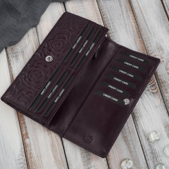 Poziomy portfel damski skórzany w kolorze burgundowym z metalowym logo duży Paolo Peruzzi  AL-12-BGD