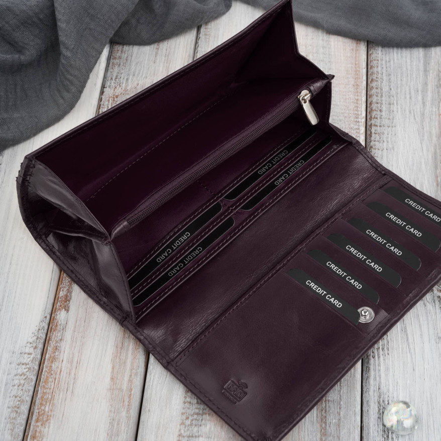 Poziomy portfel damski skórzany w kolorze burgundowym z metalowym logo duży Paolo Peruzzi  AL-12-BGD