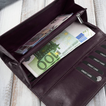 Poziomy portfel damski skórzany w kolorze burgundowym z metalowym logo duży Paolo Peruzzi  AL-12-BGD