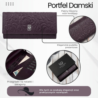 Poziomy portfel damski skórzany w kolorze burgundowym z metalowym logo duży Paolo Peruzzi  AL-12-BGD