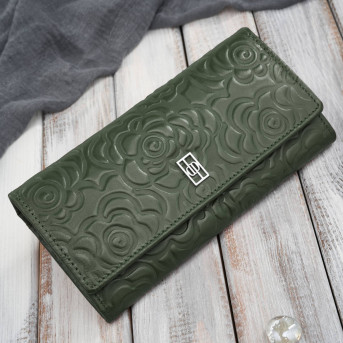 Portfel damski skórzany ciemnozielony w kwiatki duży Paolo Peruzzi AL-12-GB