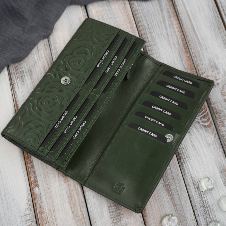 Portfel damski skórzany ciemnozielony w kwiatki duży Paolo Peruzzi AL-12-GB