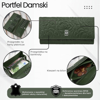 Portfel damski skórzany ciemnozielony w kwiatki duży Paolo Peruzzi AL-12-GB