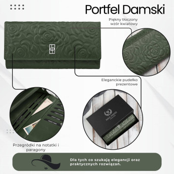 Portfel damski skórzany ciemnozielony w kwiatki duży Paolo Peruzzi AL-12-GB