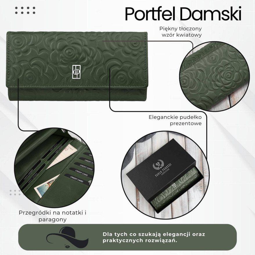 Portfel damski skórzany ciemnozielony w kwiatki duży Paolo Peruzzi AL-12-GB
