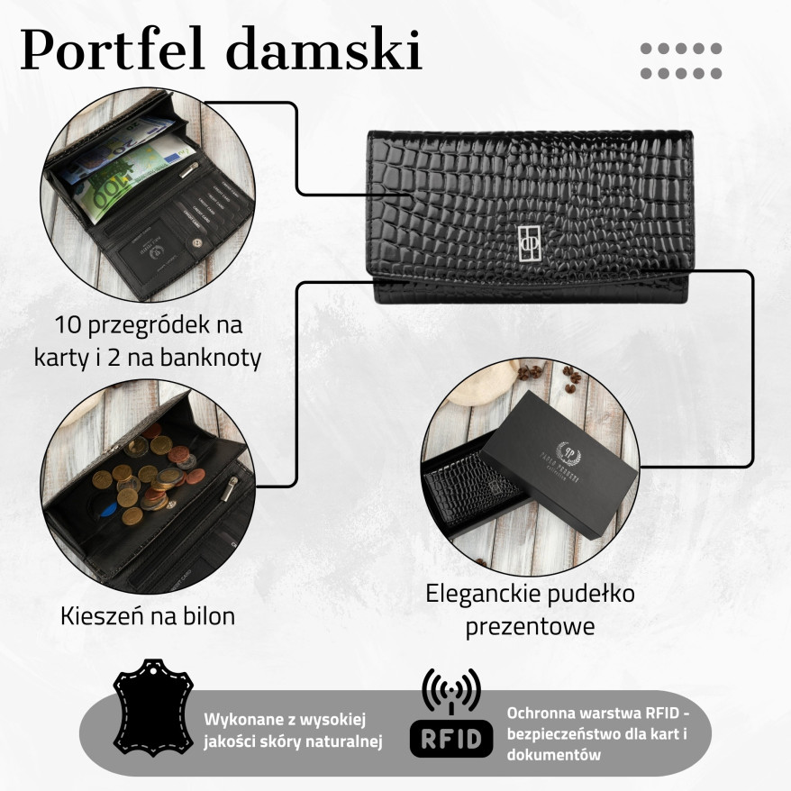 Portfel damski skórzany duży czarny croco z ochroną RFID