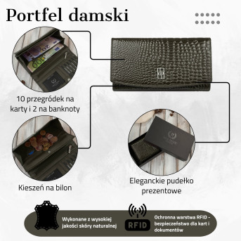 Portfel damski skórzany duży ciemnozielony croco z ochroną RFID