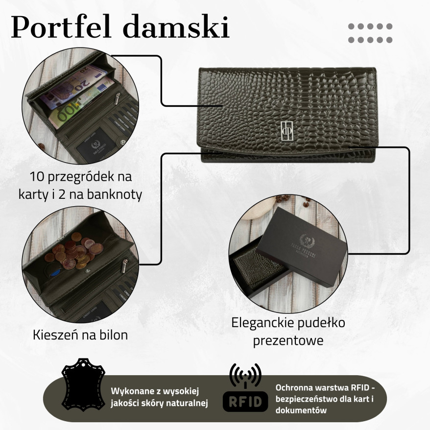 Portfel damski skórzany duży ciemnozielony croco z ochroną RFID