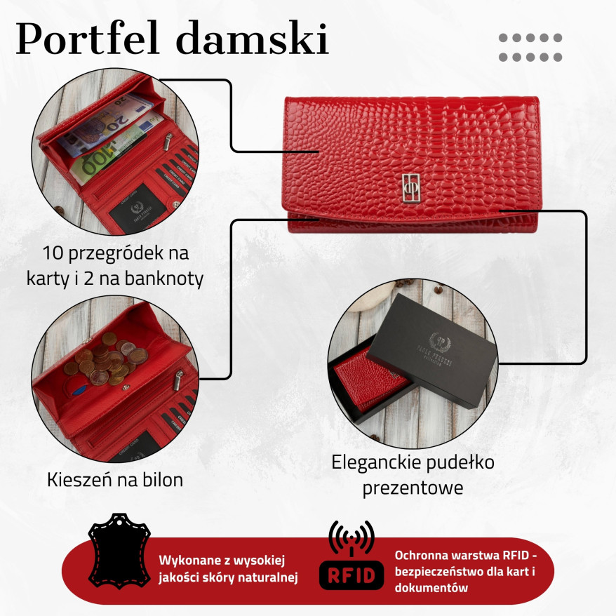 Portfel damski skórzany duży czerwony croco z ochroną RFID