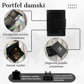 Portfel damski skórzany średni czarny z zabezpieczeniem RFID
