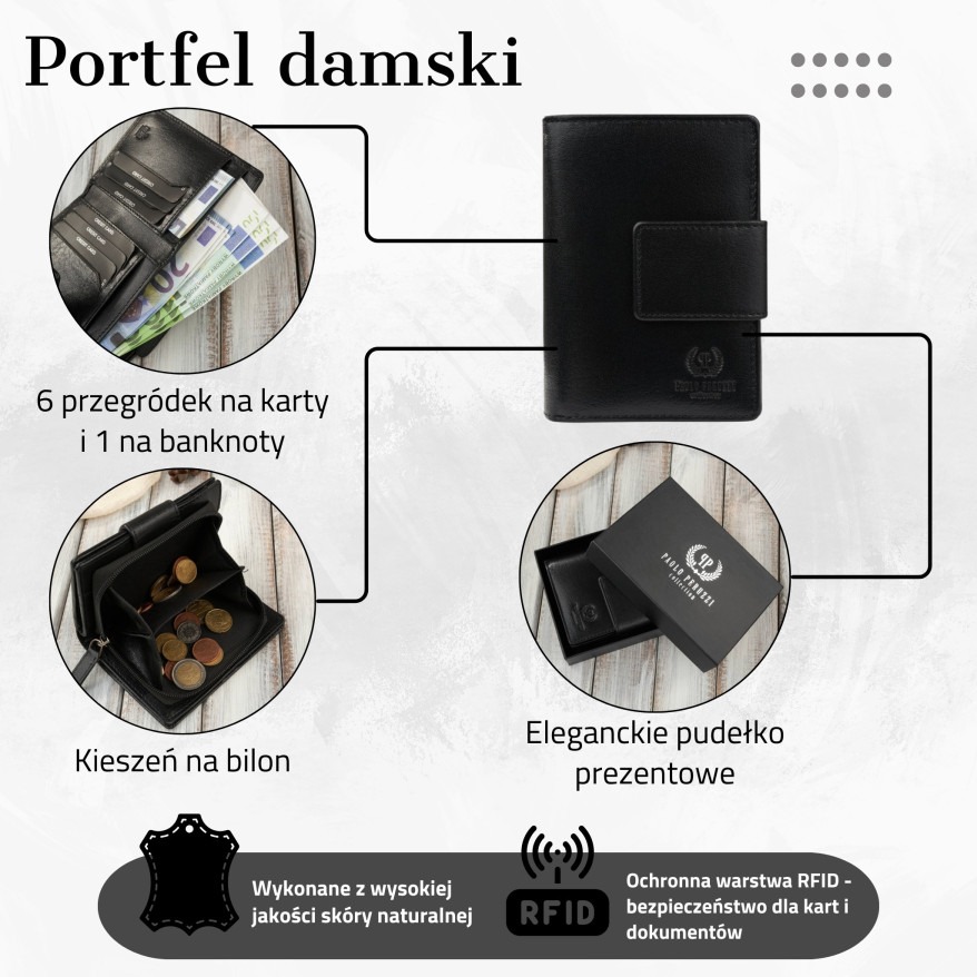 Portfel damski skórzany średni czarny z zabezpieczeniem RFID