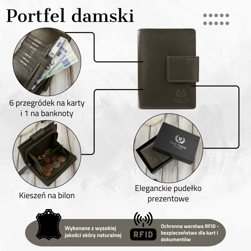 Portfel damski skórzany średni ciemnozielony z zabezpieczeniem RFID