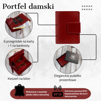 Portfel damski skórzany czerwony średni z zabezpieczeniem RFID