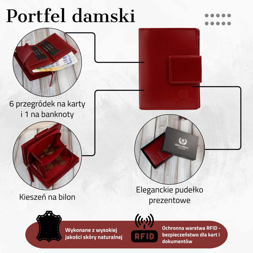 Portfel damski skórzany czerwony średni z zabezpieczeniem RFID
