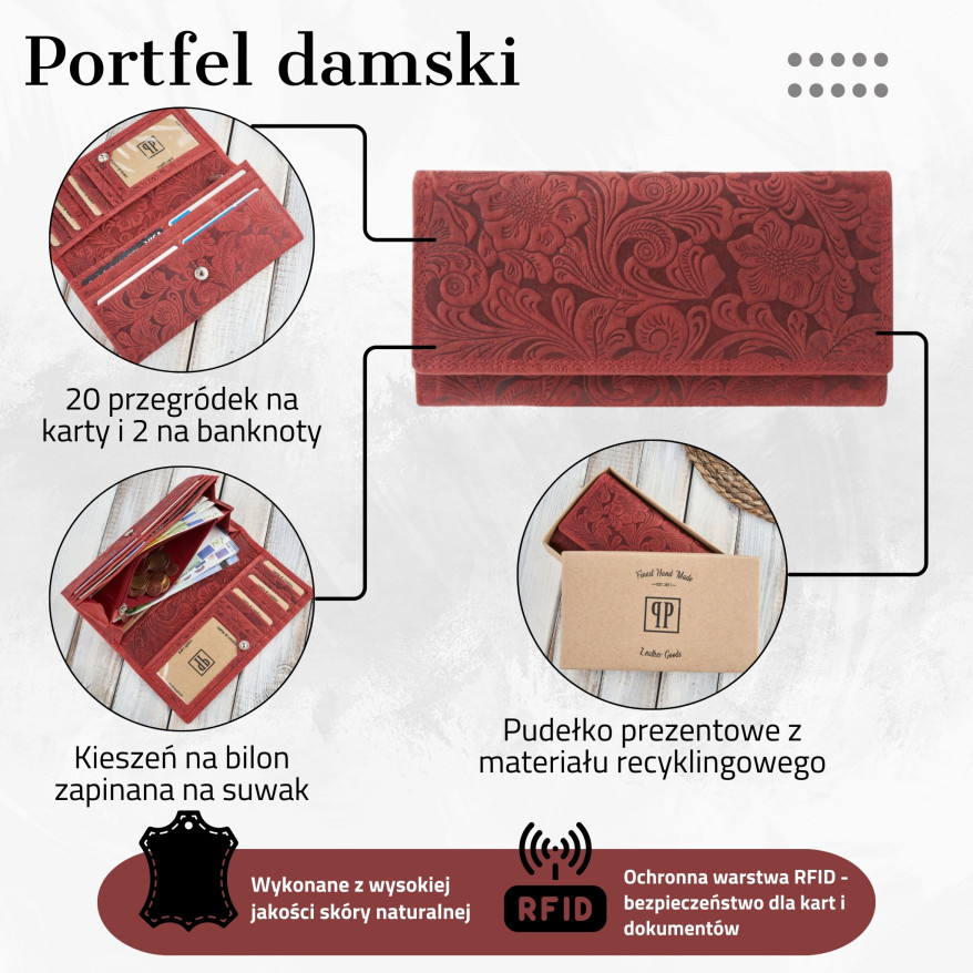 Portfel damski skórzany w kwiaty vintage RFID Paolo Peruzzi T-25-RD