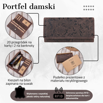PORTFEL SKÓRZANY DAMSKI W KWIATY VINTAGE RFID PAOLO PERUZZI T-25-BR