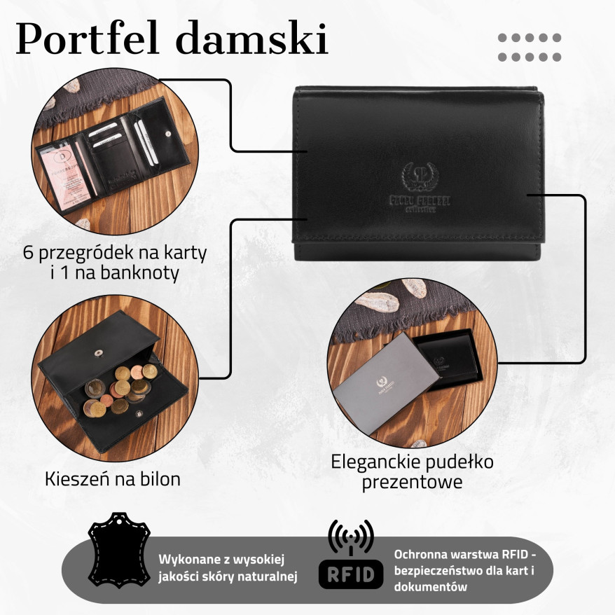Portfel damski skórzany czarny klasyczny mały RFID T-32-BL
