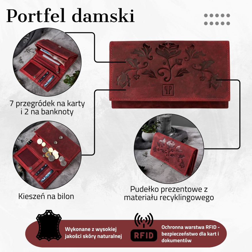 PORTFEL DAMSKI SKÓRZANY CZERWONY W KWIATY RFID PAOLO PERUZZI T-44-RD