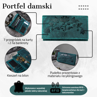 PORTFEL DAMSKI SKÓRZANY ZIELONY W KWIATY RFID PAOLO PERUZZI T-44-GR