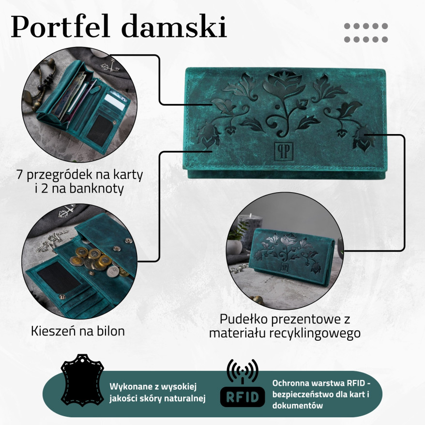 PORTFEL DAMSKI SKÓRZANY ZIELONY W KWIATY RFID PAOLO PERUZZI T-44-GR