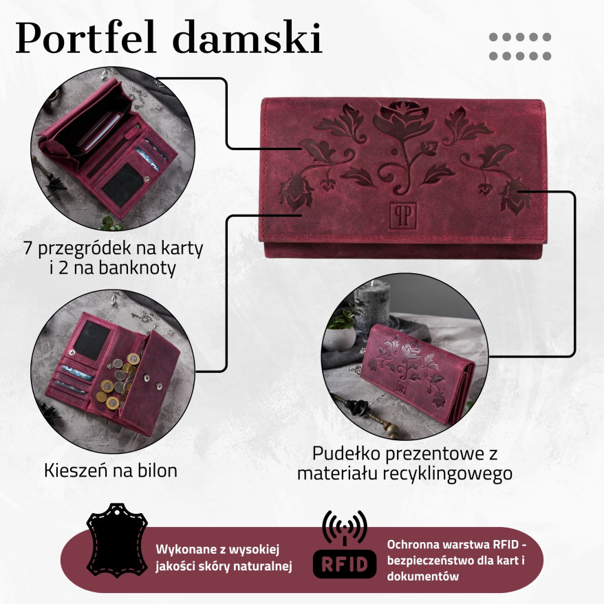 PORTFEL DAMSKI SKÓRZANY RÓŻOWY W KWIATY RFID PAOLO PERUZZI T-44-CHR