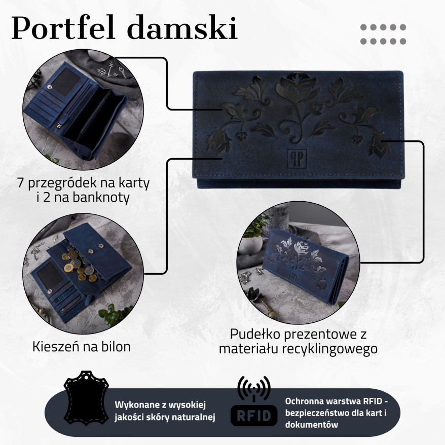 PORTFEL DAMSKI SKÓRZANY W KWIATY RFID PAOLO PERUZZI T-44-DB