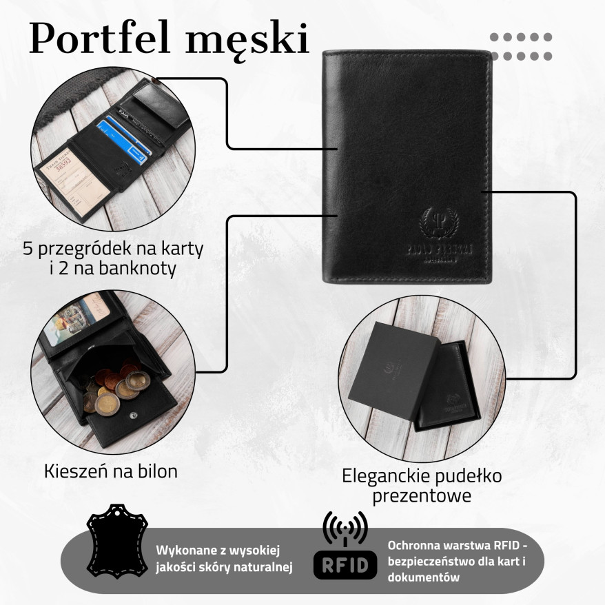 Portfel męski skórzany czarny w klasycznym fasonie z ochroną RFID Paolo Peruzzi AY-10-BL