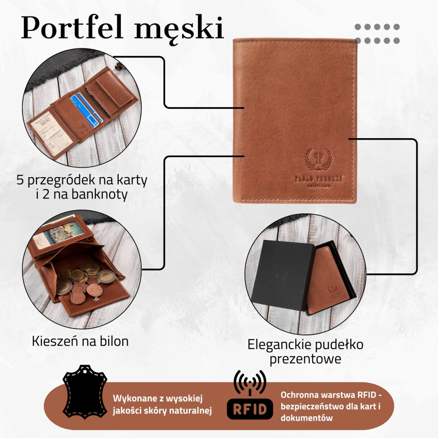 Portfel męski skórzany koniakowy klasyczny elegancki  z ochroną RFID Paolo Peruzzi AY-10-CG