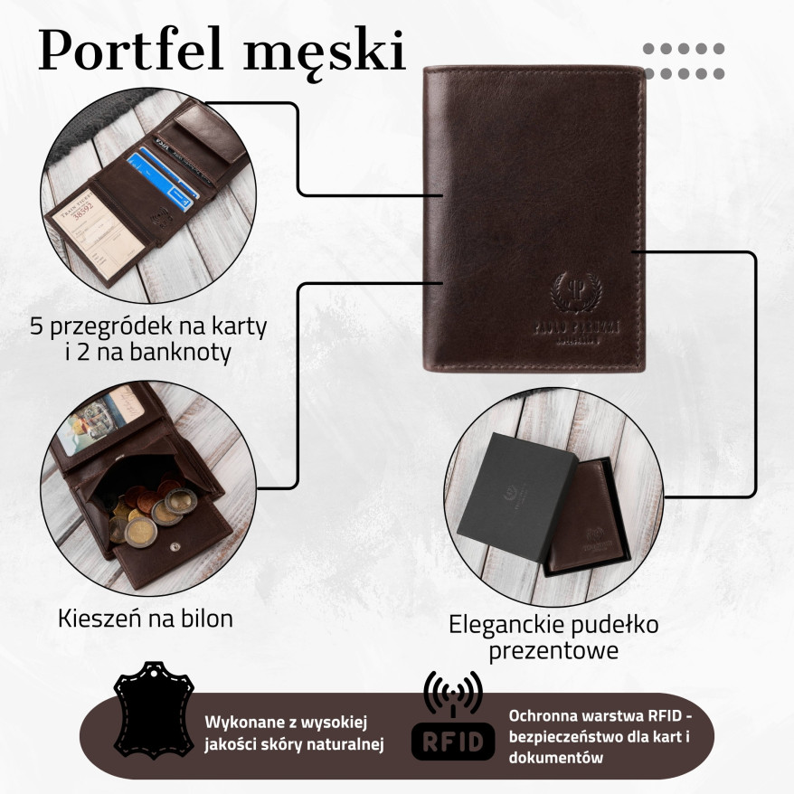 Portfel męski skórzany brązowy klasyczny elegancki  z ochroną RFID Paolo Peruzzi AY-10-BR