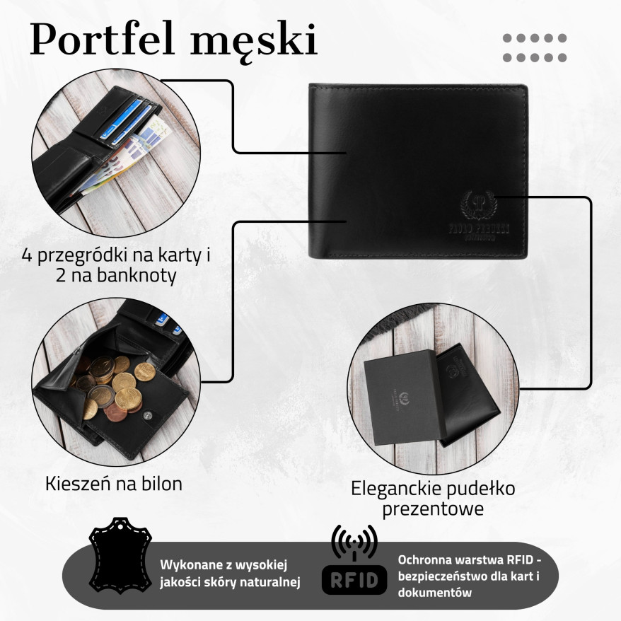 Elegancki portfel męski skórzany czarny z ochroną RFID Paolo Peruzzi AY-11-BL