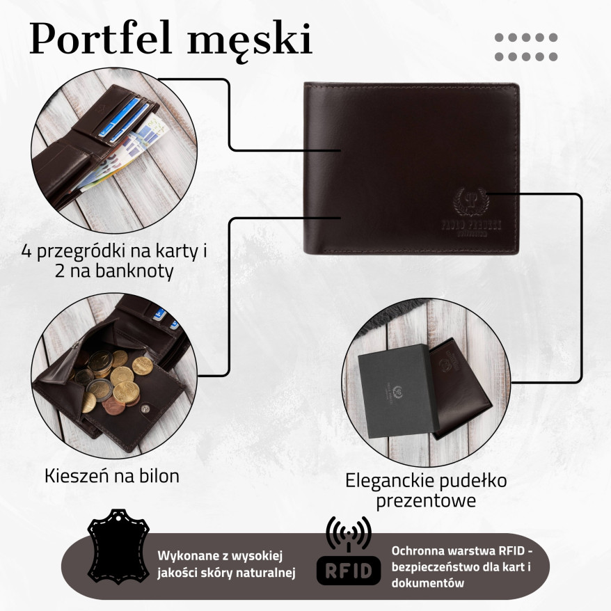 Elegancki portfel męski skórzany brązowy z ochroną RFID Paolo Peruzzi AY-11-BR