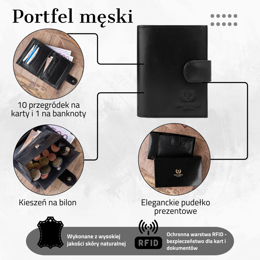 SKÓRZANY MĘSKI PAKOWNY CZARNY PORTFEL PAOLO PERUZZI T-14-BL