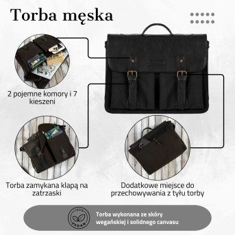 CZARNA TORBA MĘSKA NA RAMIĘ ZE SKÓRY WEGAŃSKIEJ PAOLO PERUZZI E-07-BL