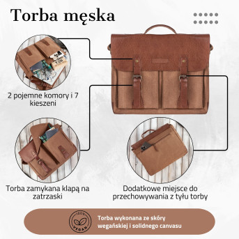 BRĄZOWA TORBA MĘSKA ZE SKÓRY WEGAŃSKIEJ PAOLO PERUZZI E-07-BR