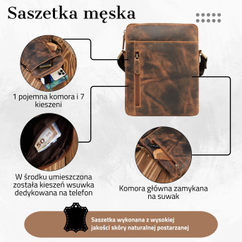 Saszetka męska skórzana na ramię brązowa vintage T-119-HBR