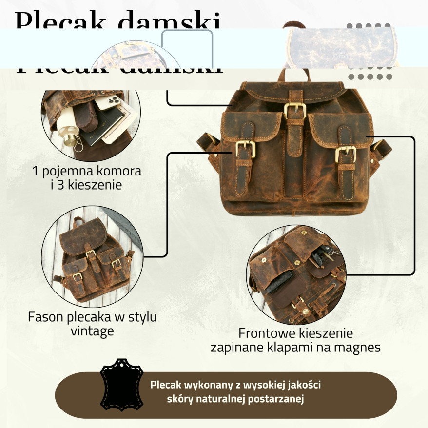 SKÓRZANY PLECAK DAMSKI VINTAGE  BRĄZOWY PAOLO PERUZZI T-16-BR