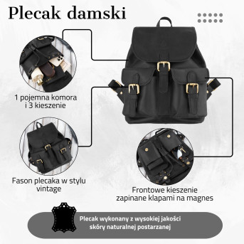 SKÓZANY PLECAK DAMSKI VINTAGE RETRO CZARNY PAOLO PERUZZI T-16-BL