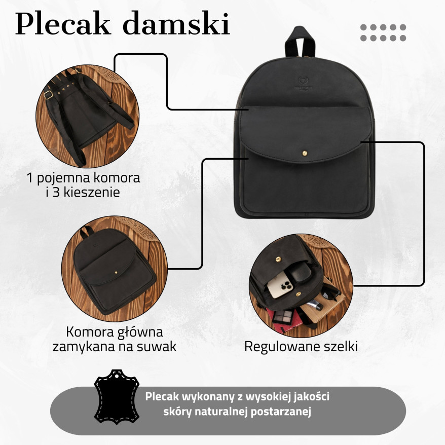 Plecaczek damski skórzany czarny vintage mały plecak miejski T-18-BL