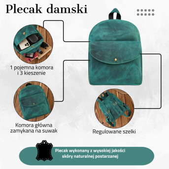 Plecaczek damski skórzany zielony vintage mały miejski