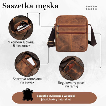 SASZETKA TORBA MĘSKA ZE SKÓRY NATURALNEJ VINTAGE PAOLO PERUZZI T-74-HBR