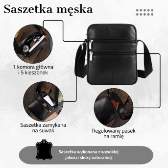 SKÓRZANA TORBA SASZETKA MĘSKA NA RAMIĘ PAOLO PERUZZI  T-74-BL