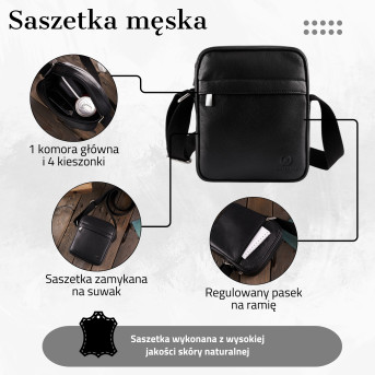 Skórzana torba męska na ramię saszetka męska czarna T-75-BL